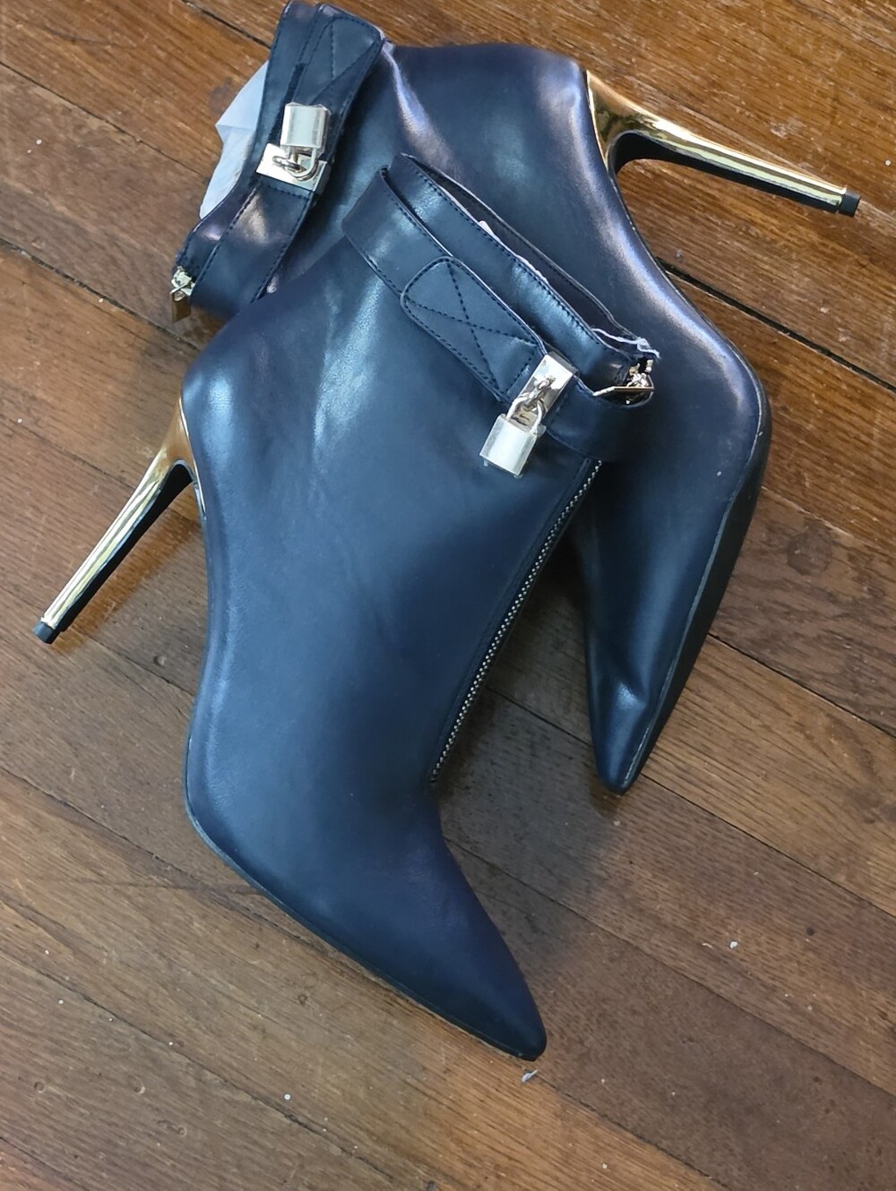 Navy Faux Leather with Gold Padlock Hardware& Stiletto Ankle Boots Sz 10